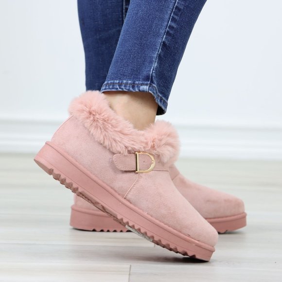 Faux Pink Suede Fuzzy Warm Ankle Booties Super Cozy Fully Lined - Picture 5 of 13